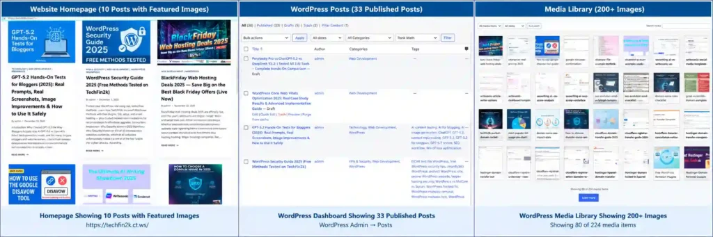 Stage 3 WordPress testing environment with posts images plugins and homepage content