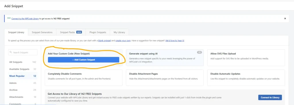 Select Add Your Custom Code to create a new WPCode snippet