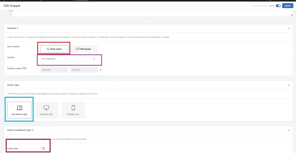 Configure Auto Insert Run Everywhere and device settings in WPCode