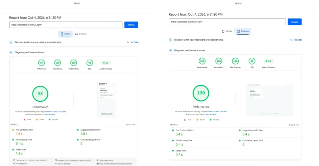 Kamatera basic WordPress PageSpeed Insights mobile and desktop results