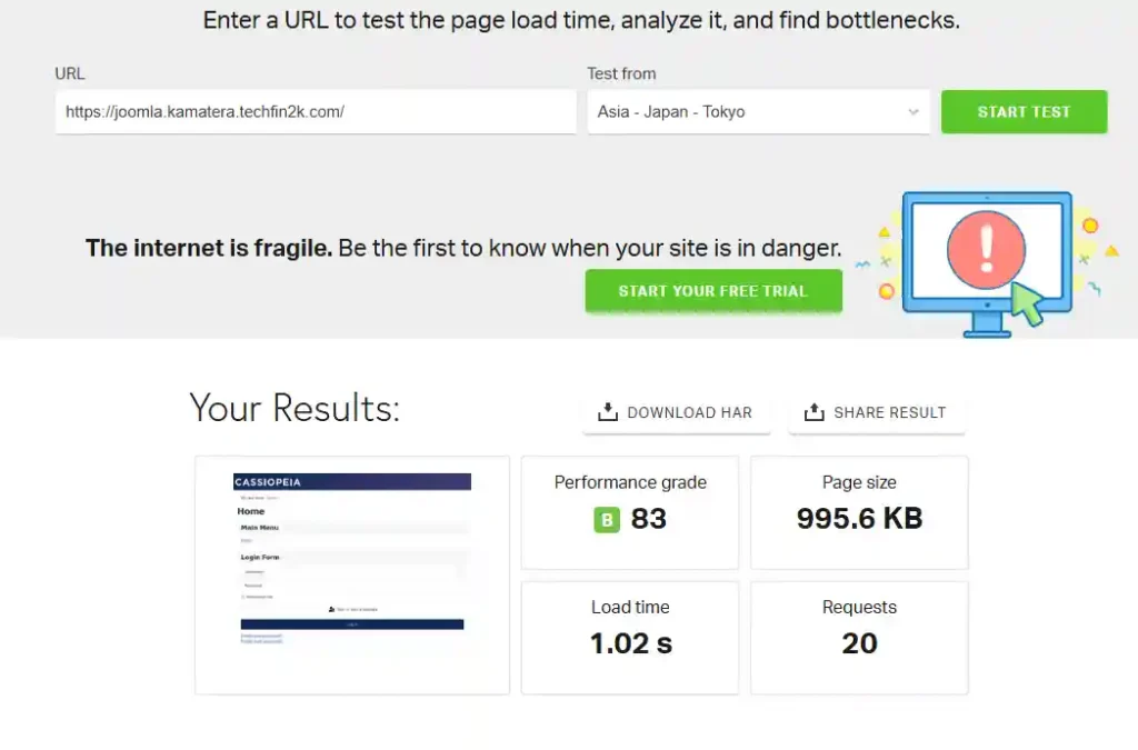 Pingdom speed test results for a blank Joomla installation hosted on Kamatera