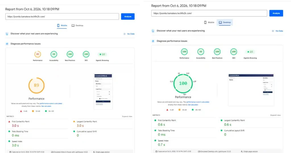 Kamatera Joomla hosting blank installation PageSpeed Insights results for mobile and desktop