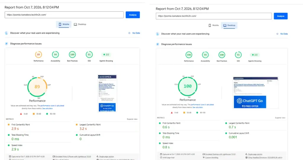 Kamatera Joomla hosting PageSpeed Insights mobile and desktop results after importing articles and media files