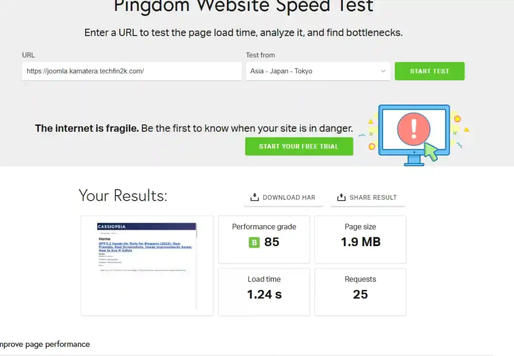 Pingdom speed test results for Kamatera Joomla hosting after importing articles and media files