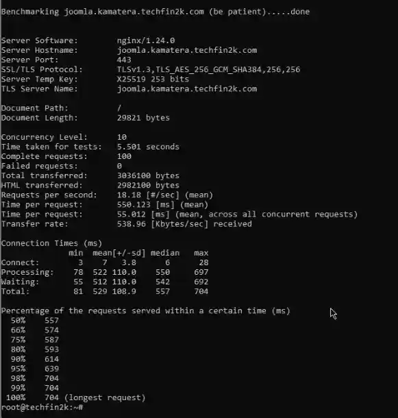 Kamatera Joomla Type A 1 vCPU 1 GB RAM ApacheBench test with 100 requests and concurrency 10