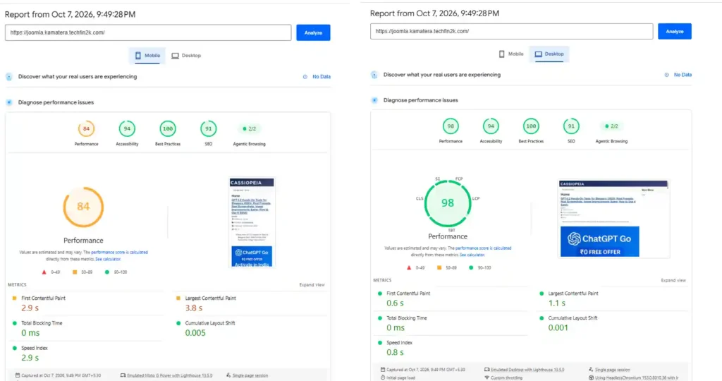 Kamatera Joomla hosting Type B 2 vCPU 2 GB RAM PageSpeed Insights mobile and desktop results