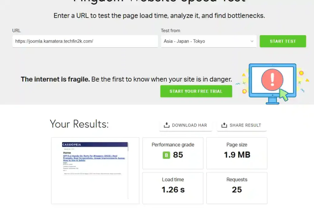 Pingdom speed test results for Kamatera Joomla hosting Type B 2 vCPU 2 GB RAM