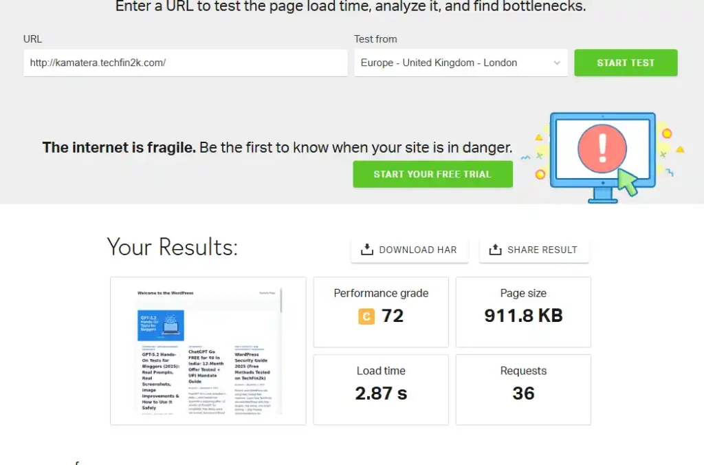 Kamatera WordPress Pingdom performance test with 33 posts and more than 200 images